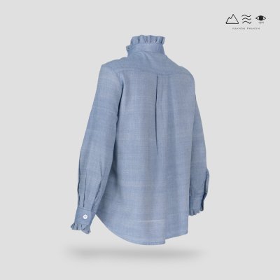 เสื้อเชิ้ตแขนยาวระบายอก ญ ครามอ่อน
