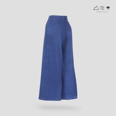 กางเกงขาบาน ซิปหลัง ผ้าทอมือ 4 ตะกอ ครามเข้ม