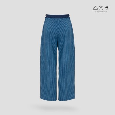 กางเกงผูกเอวขายาว ผ้าคราม ลายลูกฟูก