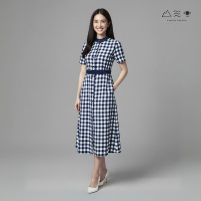 EPO ชุดเดรสยาวกระดุมหน้า+เข็มขัด ครามเข้ม