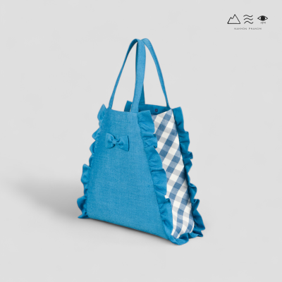 กระเป๋า Tote ผ้าคราม แต่งระบาย ลายผ้าขาวม้า