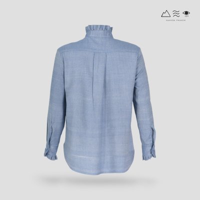เสื้อเชิ้ตแขนยาวระบายอก ญ ครามอ่อน