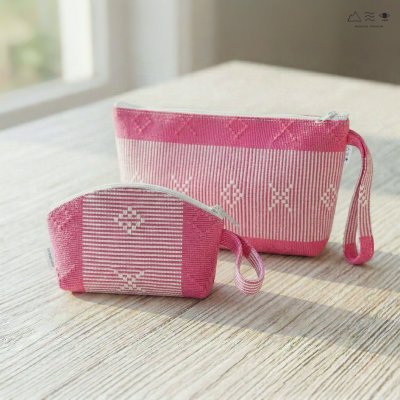 กระเป๋าเครื่องสำอาง ผ้ายกลายตีนซิ่น - ชมพู