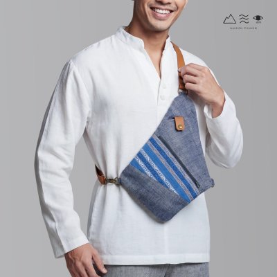 KHID กระเป๋าคาดอกผ้าทอมือยกขิด สายหนังแท้ สีครามเทา