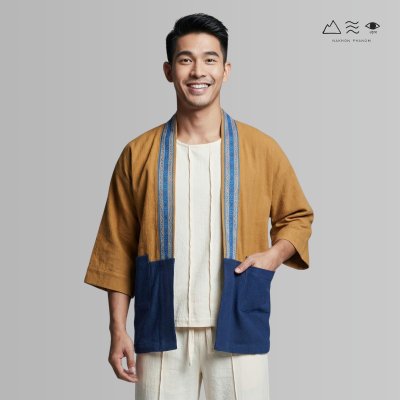 KHID เสื้อคลุมกิโมโน ผ้าสีเปลือกไม้ ลายยกขิด ยาว