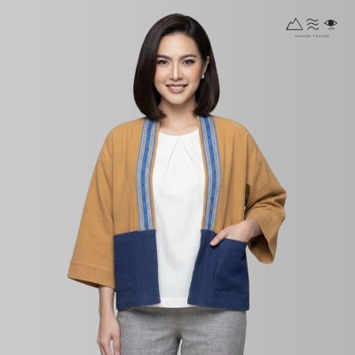 KHID เสื้อคลุมกิโมโน ผ้าสีเปลือกไม้ ลายยกขิด สั้น