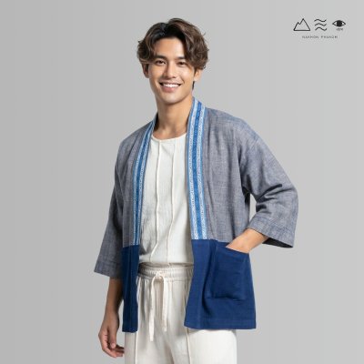 KHID เสื้อคลุมกิโมโนผ้าครามลายยกขิด ยาว