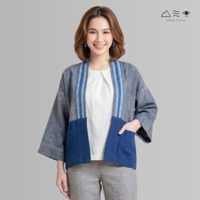 KHID เสื้อคลุมกิโมโนผ้าครามลายยกขิด สั้น