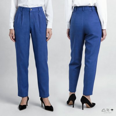 กางเกงทรงแคบ จีบเอว ผ้า 4 ตะกอ ครามเข้ม