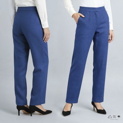 กางเกงขาแคบ ซิปหน้า ผ้า 4 ตะกอ ครามเข้ม