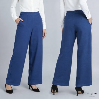 กางเกงขาบาน ซิปหลัง ผ้า 4 ตะกอ ครามเข้ม