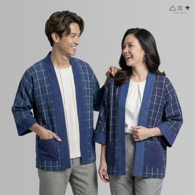 เสื้อคลุมกิโมโนผ้าคราม-ยาว ลายตาราง