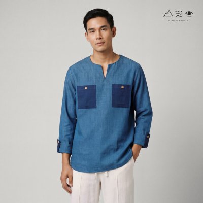 เสื้อเชิ้ตแขนยาว กระเป๋าอกคู่ คราม