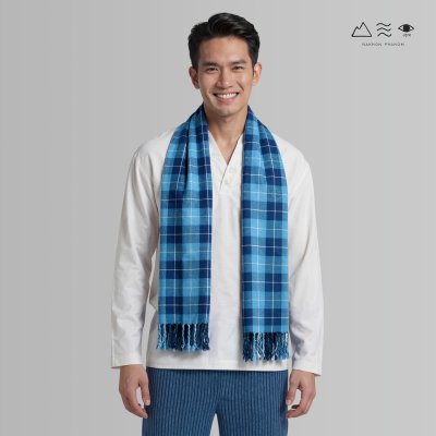 ผ้าพันคอฝ้ายทอมือ 2 ตะกอ คราม 003 ตาราง-03
