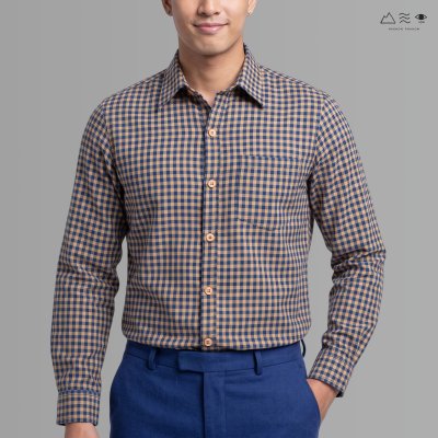 เสื้อเชิ้ต ช แขนยาว ผ้าทอมือ ตารางคราม-เปลือกไม้