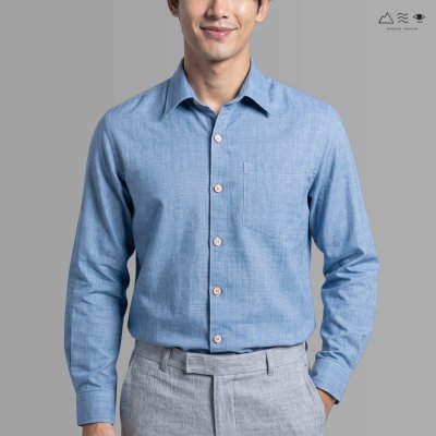 เสื้อเชิ้ต ช แขนยาว ผ้าทอมือ ครามอ่อน