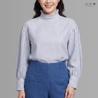 เสื้อแขนบอลลูน จีบรอบคอ ลายทาง คราม-ขาว