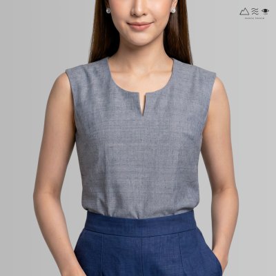 เสื้อแขนกุด ญ ผ้าฝ้ายทอมือ - เทา