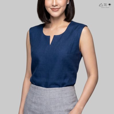 เสื้อแขนกุด ญ ผ้าฝ้ายทอมือ - ครามเข้ม