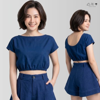 เสื้อผ้าฝ้ายทอมือ สม็อกเอวเว้าหลัง - คราม