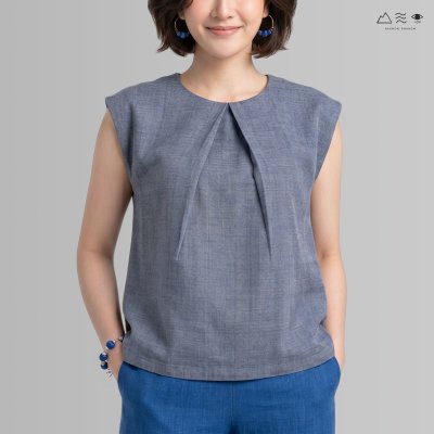 เสื้อคอจีบผ้าฝ้ายทอมือ ครามเทา