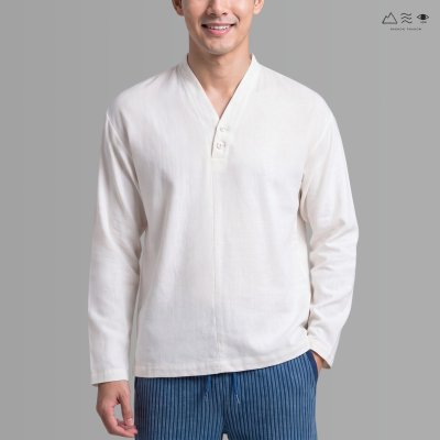เสื้อเชิ้ตแขนยาวคอญี่ปุ่น ผ้าฝ้ายทอมือ ขาวธรรมชาติ