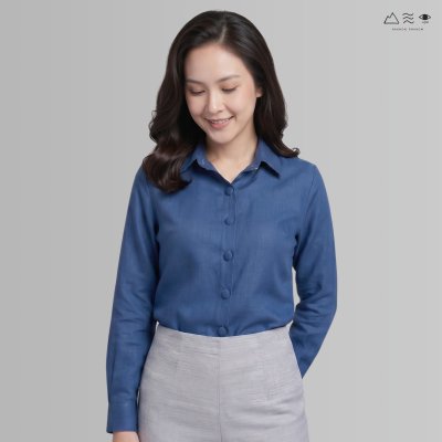 เสื้อเชิ้ตแขนยาว ญ กระดุมผ้า-ครามเข้ม