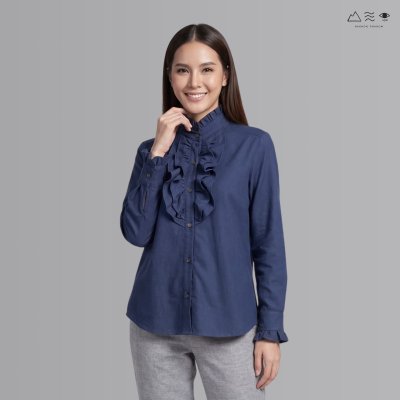 เสื้อเชิ้ตแขนยาวระบายอก ญ ครามเข้ม