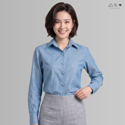 เสื้อเชิ้ตแขนยาว ญ กระดุมผ้า-ครามอ่อน