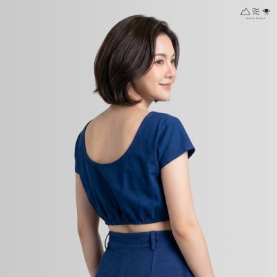 เสื้อผ้าฝ้ายทอมือ สม็อกเอวเว้าหลัง - คราม