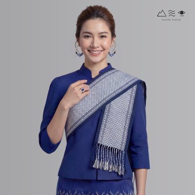 ผ้าสไบทอมือ ลายยกดอก - สีน้ำเงิน