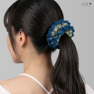 ยางรัดผมถักฝ้าย ย้อมคราม-ดอกดาวเรือง