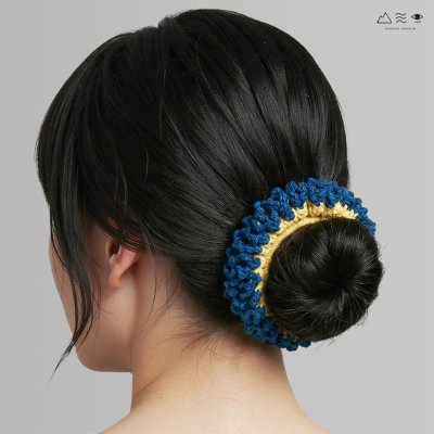 ยางรัดผมถักฝ้าย ย้อมคราม-ดอกดาวเรือง