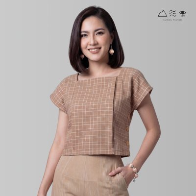เสื้อครอปคอเหลี่ยมผ้าทอมือ เปลือกไม้ตาราง