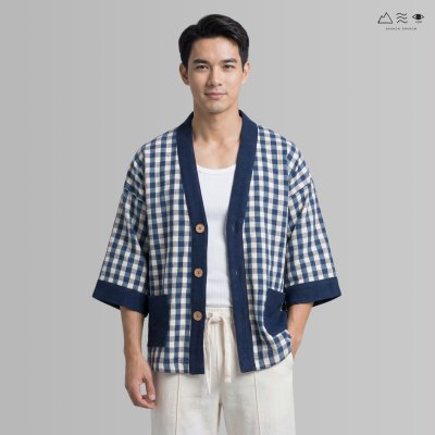 เสื้อคลุมกิโมโนติดกระดุมผ้าคราม-ยาว