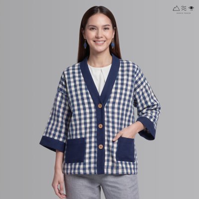 เสื้อคลุมกิโมโนติดกระดุมผ้าคราม-ยาว