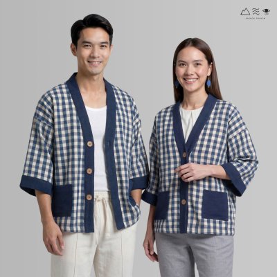 เสื้อคลุมกิโมโนติดกระดุมผ้าคราม-ยาว