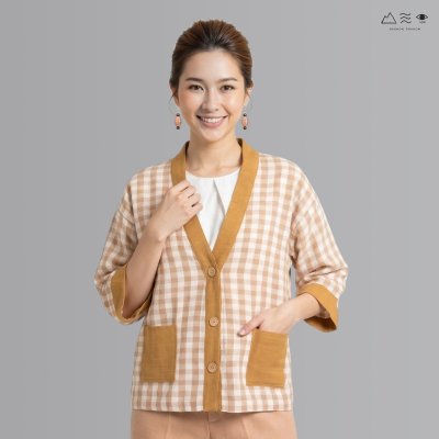 เสื้อคลุมกิโมโนติดกระดุมผ้าสีเปลือกไม้-ยาว