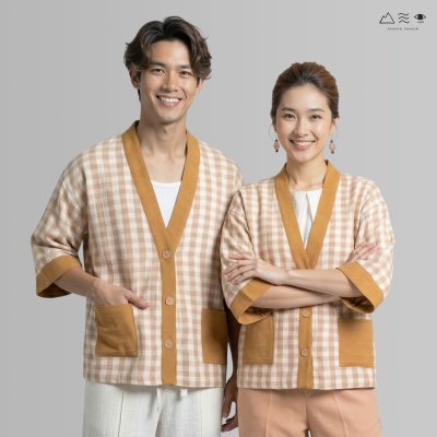 เสื้อคลุมกิโมโนติดกระดุมผ้าสีเปลือกไม้-ยาว