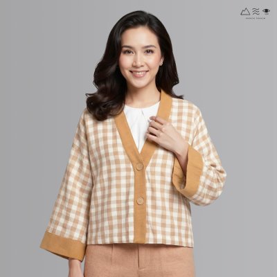 เสื้อคลุมกิโมโนติดกระดุมผ้าสีเปลือกไม้-สั้น