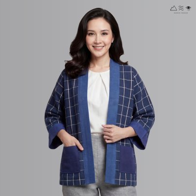 เสื้อคลุมกิโมโนผ้าคราม-ยาว ลายตาราง