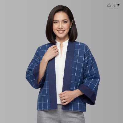 เสื้อคลุมกิโมโนผ้าคราม-สั้น ลายตาราง