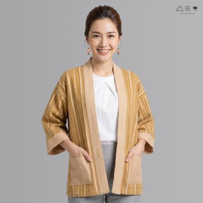 เสื้อคลุมกิโมโนฝ้ายเข็นมือ-ยาว ทอลายไม้