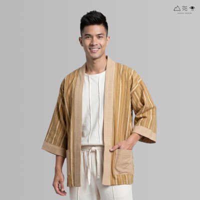 เสื้อคลุมกิโมโนฝ้ายเข็นมือ-ยาว ทอลายไม้