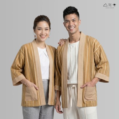 เสื้อคลุมกิโมโนฝ้ายเข็นมือ-ยาว ทอลายไม้