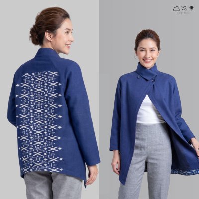 เสื้อคลุมคอปก-หลังมัดหมี่ คราม