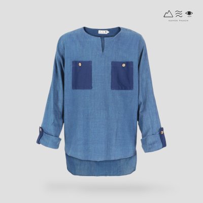 เสื้อเชิ้ตแขนยาว กระเป๋าอกคู่ คราม เสื้อเชิ้ตแขนยาว กระเป๋าอกคู่ คราม