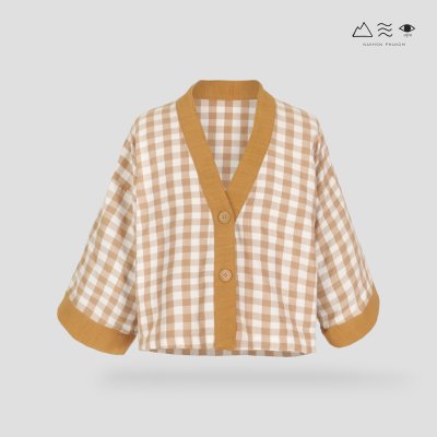 เสื้อคลุมกิโมโนติดกระดุมผ้าสีเปลือกไม้-สั้น