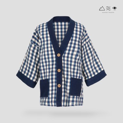 เสื้อคลุมกิโมโนติดกระดุมผ้าคราม-ยาว