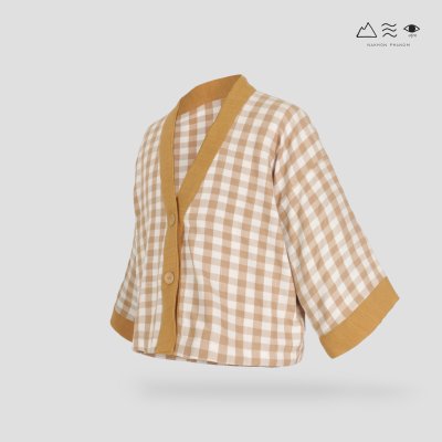 เสื้อคลุมกิโมโนติดกระดุมผ้าสีเปลือกไม้-สั้น